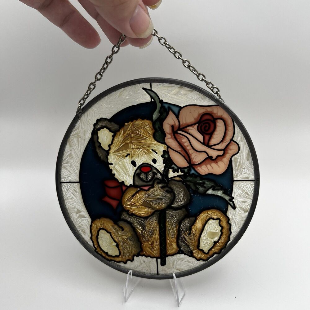 Teddy Bear Rose Suncatcher Faux Stained Glass Hanging Decor